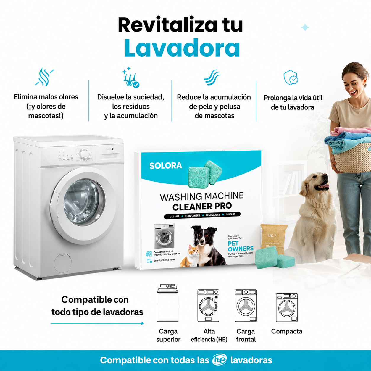 SOLORA Limpiador de Lavadora Anti Pelo y Olores